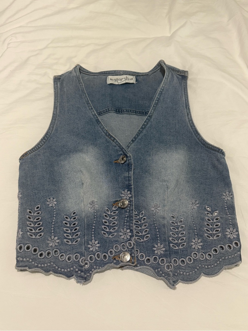 Staccato Blue Denim Embroidered Crop Vest